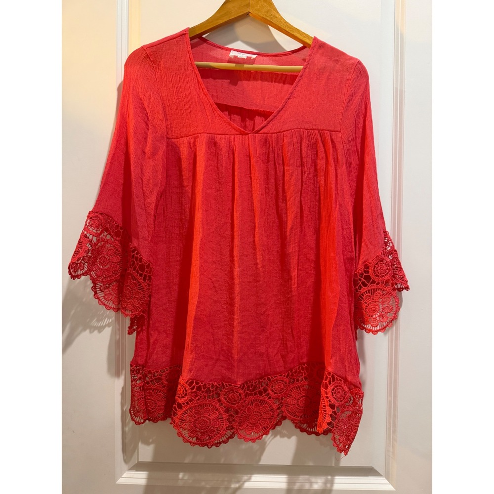 Fyve Women Deep Coral Pink Crochet Lace Trim Boho V-Neck Tunic Top Large